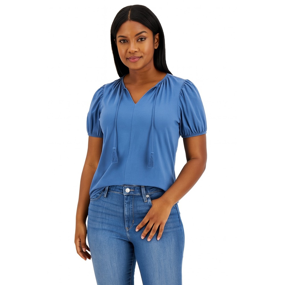Style & Co Petite Top Shirt Tie-Neck Textured Sleeve Women's Size PL Denim Blue